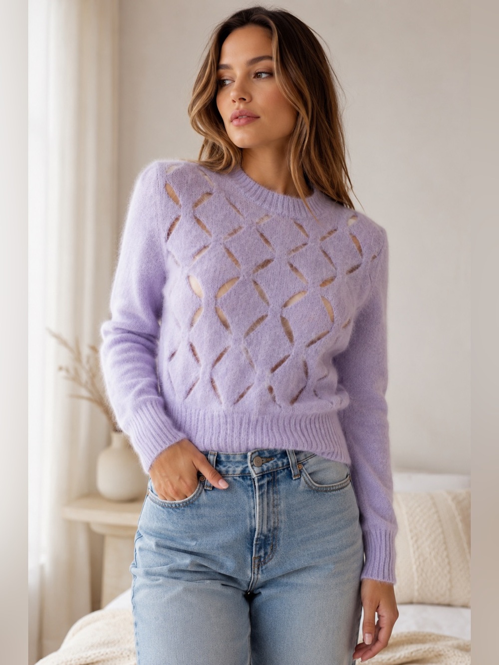 Kerisma Angora Blend Lilac Cutout Open Knit Fuzzy Cropped Sweater M/L